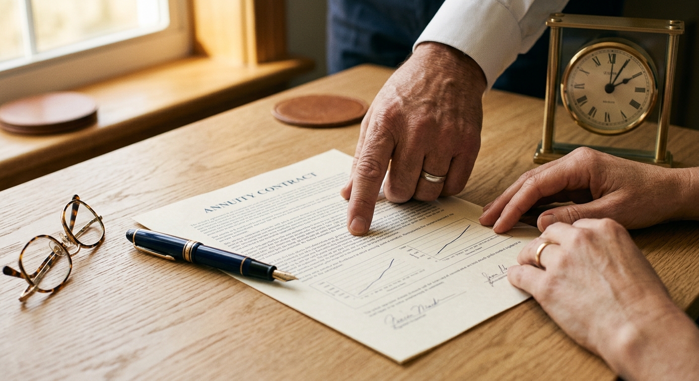 An advisor's hand tracing a line on a printed annuity contract beside reading glasses and a fountain pen